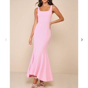 Romantic Destiny Light Pink Square Neck Trumpet Maxi Dress
